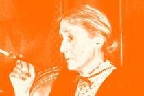An orange-tinted portrait of Virginia Woolf in side profile, holding a cigarette
