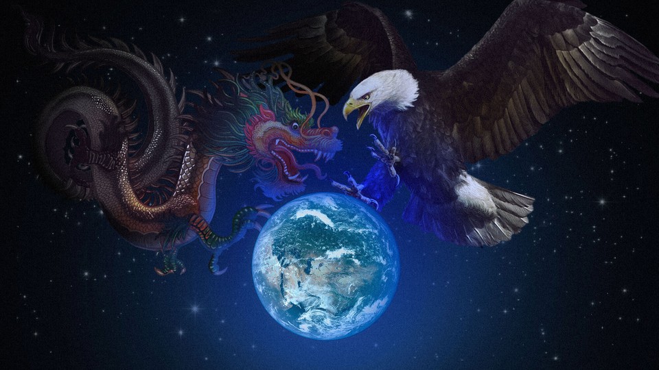 A dragon and an eagle fighting over the globe