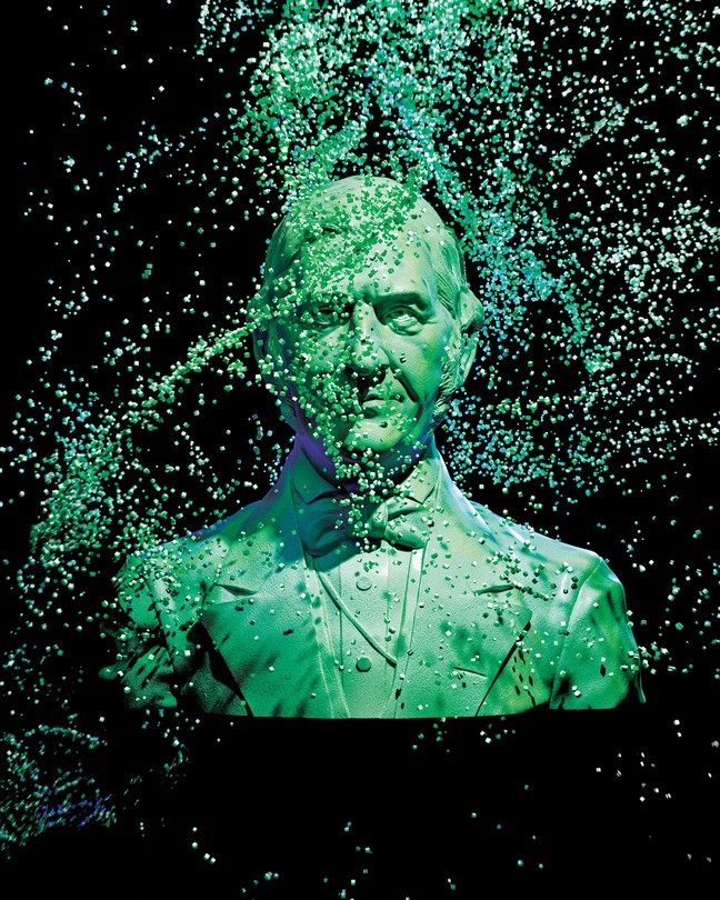 A digital illustration of a bust of Ralph Waldo Emerson and pixels