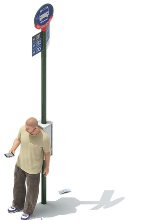 illustration of man standing leaning against bus-stop sign while staring at phone in hand