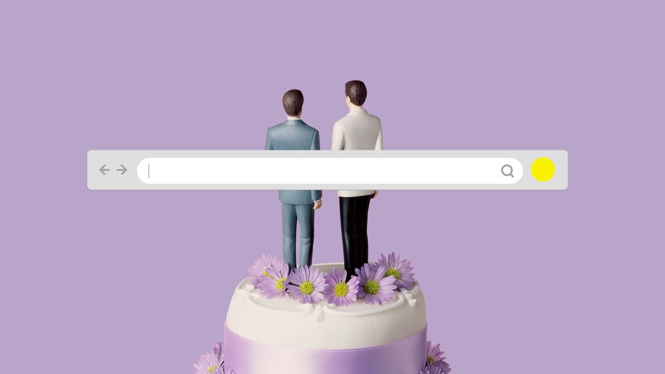 An illustration of a web search engine over a same-sex couple wedding cake topper