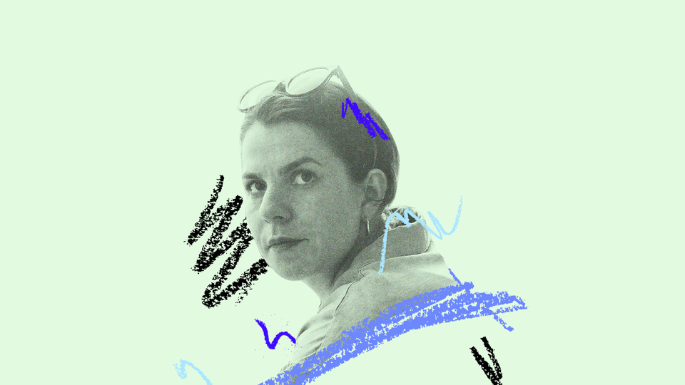 A black-and-white-image of the author Sara Freeman against a mint green background. Black and blue scribbles frame her face.