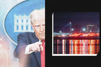 Donald Trump points at a press conference, adjacent to a photo of the Potomac River swarmed by emergency assistance