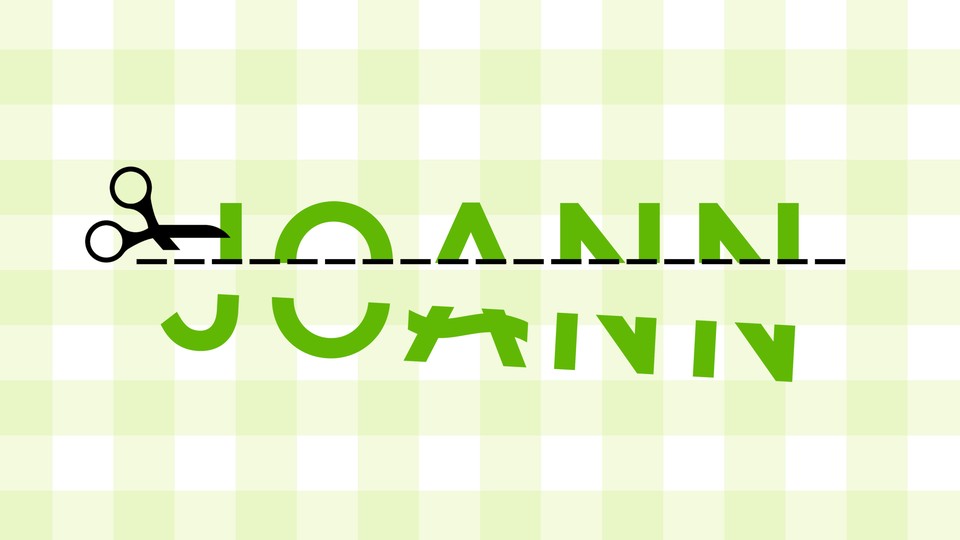 The Joann logo being horizontally cut in half by scissors