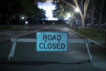 A barricade blocks an entrance to the Lincoln Memorial.