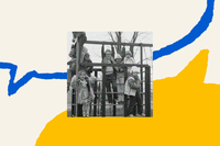 A cream background has the blue outline of a conversation bubble dropping down from the top and a yellow filled in conversation bubble extending up from the bottom. In the middle is a black and white photograph of about 7 white children in autumn clothing hanging on to different parts of a jungle gym.