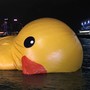 A partially deflated yellow duck float half-sunk in a river at night, with a city skyline in the background