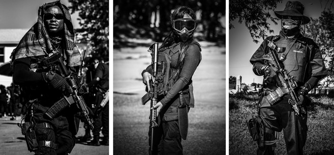 b&w images of different people in homemade uniforms