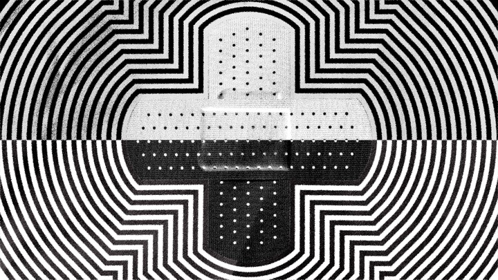 An illustration of two bandaids with a black and white design.