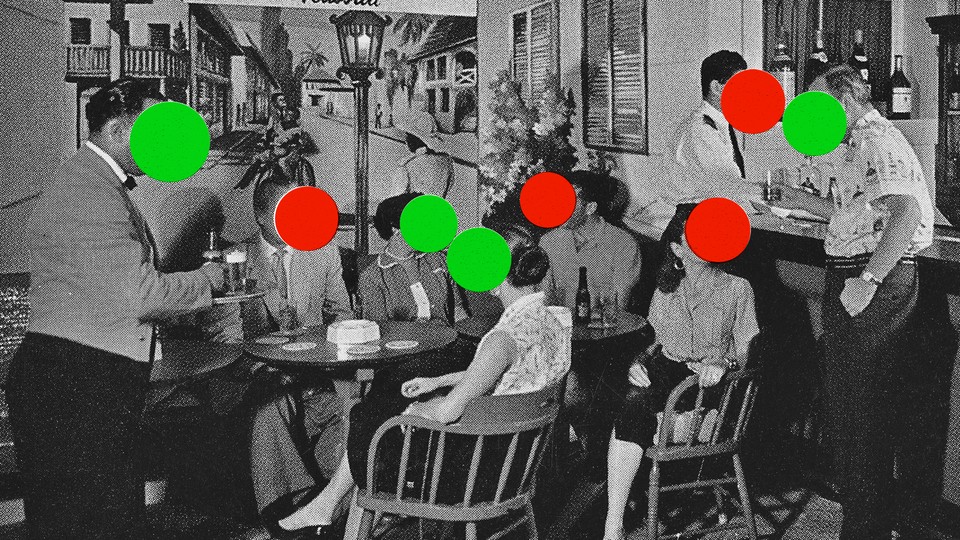 A black-and-white photograph of adults sitting around a restaurant table. Each person has either a red or green dot covering their face.
