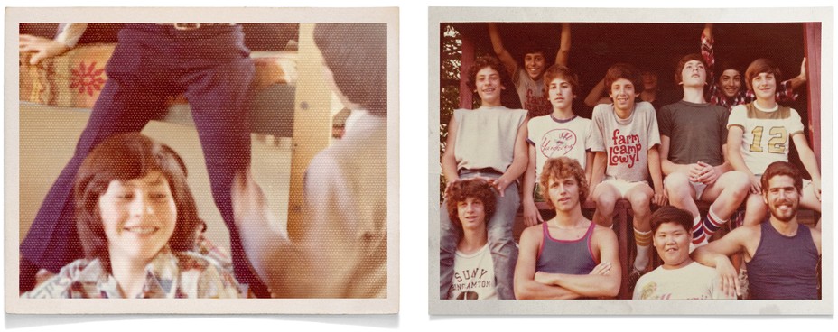 2 photos: boy with 1970s haircut smiling with other children; group photo of 10 people