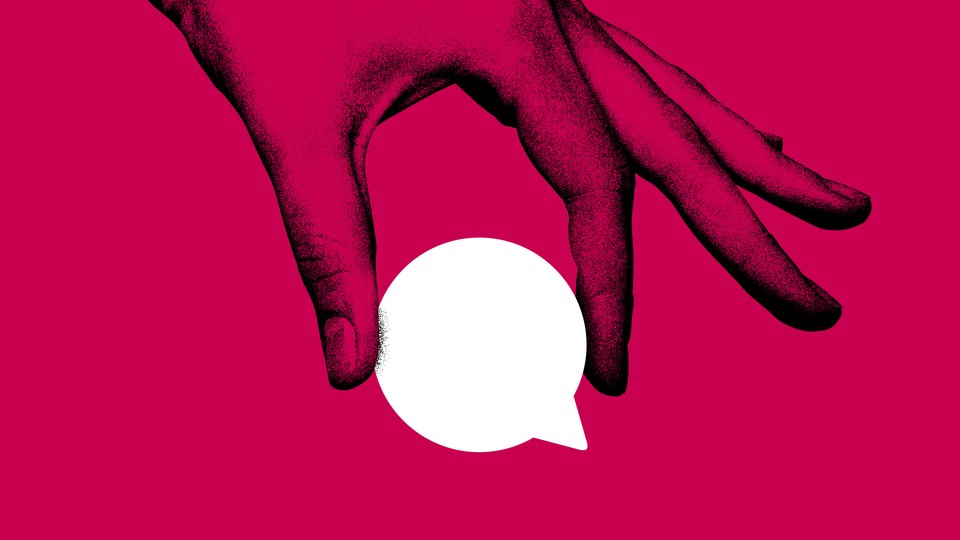 Illustration with a pink background of a hand reaching down and pinching an all-white cartoon speech bubble