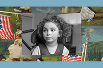 James Sulzer’s daughter, Livie, stares off camera while seated in an assistive technology device. The image is set into a frame featuring The Experiment’s show art.