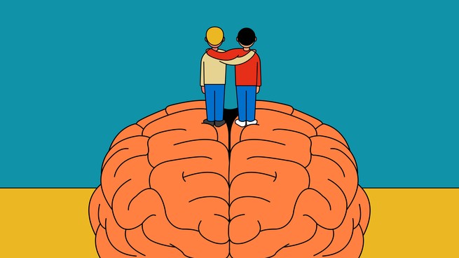 illustration of two children with their arms around each other and standing on top of a large human brain