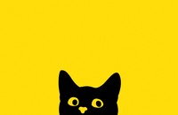 an illustration of a black cat peeking out onto a yellow background. the cat looks mischievous.