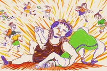 Illustration of girls playing flag football, roller hockey, tackle football and wrestling in shades of orange, purple, and green