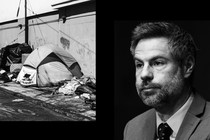 A picture of a tent next to an image of Michael Shellenberger