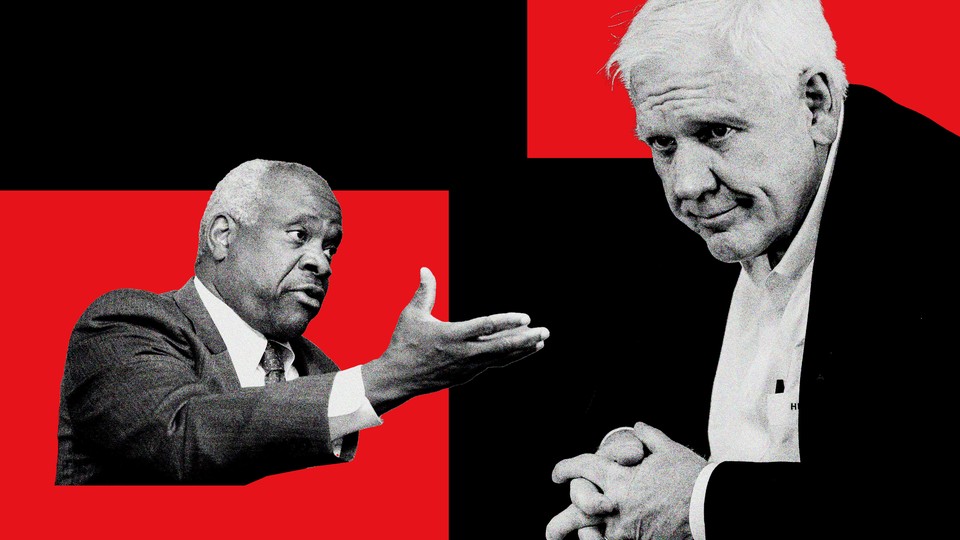 Black-and-white photos of Clarence Thomas and Harlan Crow against a black-and-red background