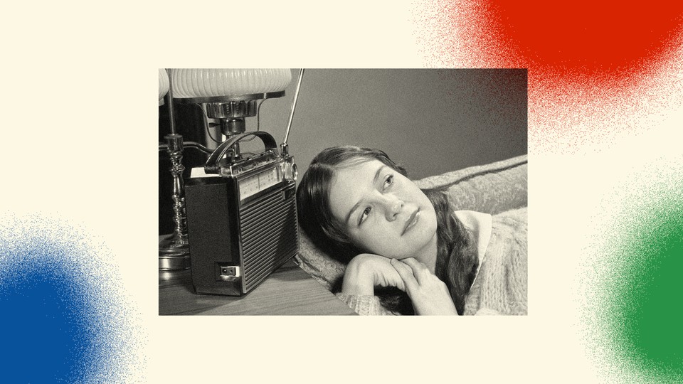 A black-and-white photo shows a high-school-aged girl reclining on her 1950s-era couch with her ear next to an old radio on a side table. Her hands are folded under her chin and she's gazing off to the right as she listens. The photo is set against a background with three spray-painted colorful circles. In the bottom left corner is a blue one, in the bottom right corner a green one and the top right corner is a red one.