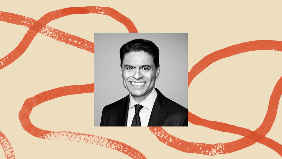 A black-and-white photo of Fareed Zakaria bordered by an illustration