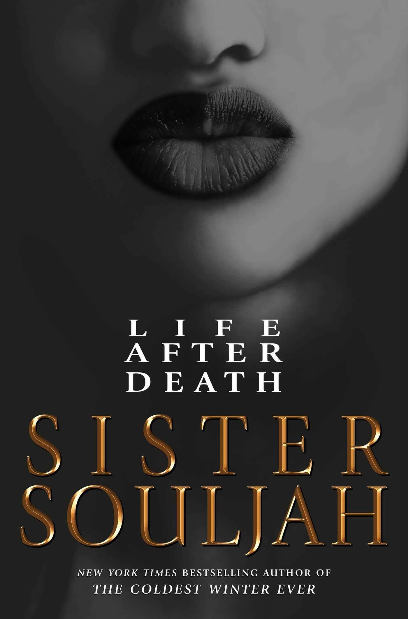 The book cover for Life After Death, showing a black and white photo of a woman making a kissing motion