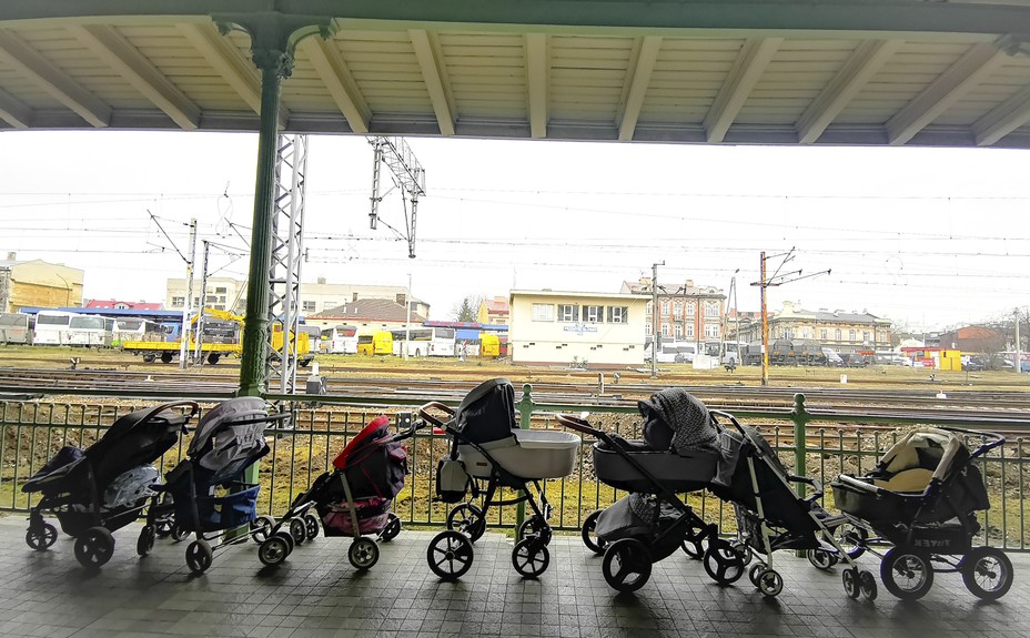 Strollers for refugees and their babies fleeing the conflict from neighbouring Ukraine are left at the train station in Przemysl, Poland, Wednesday, March 2, 2022. (Francesco Malavolta/AP)