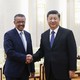 Chinese President Xi Jinping shakes hands with World Health Organization (WHO) Director-General Tedros Adhanom Ghebreyesus.