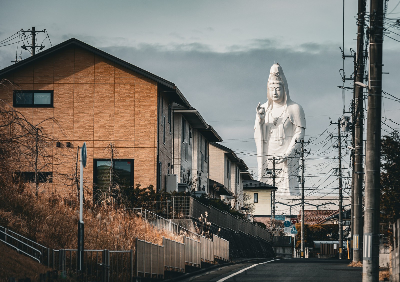 A very tall Buddha statue stands in the distance, seen behind houses.