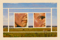 An illustration featuring elements of a man's face superimposed on a rural landscape