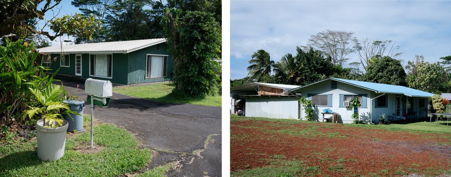 Diptych: green house and driveway, white and bluse house and yard.