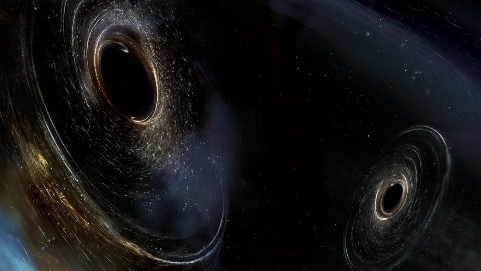 Artist's conception of two merging black holes