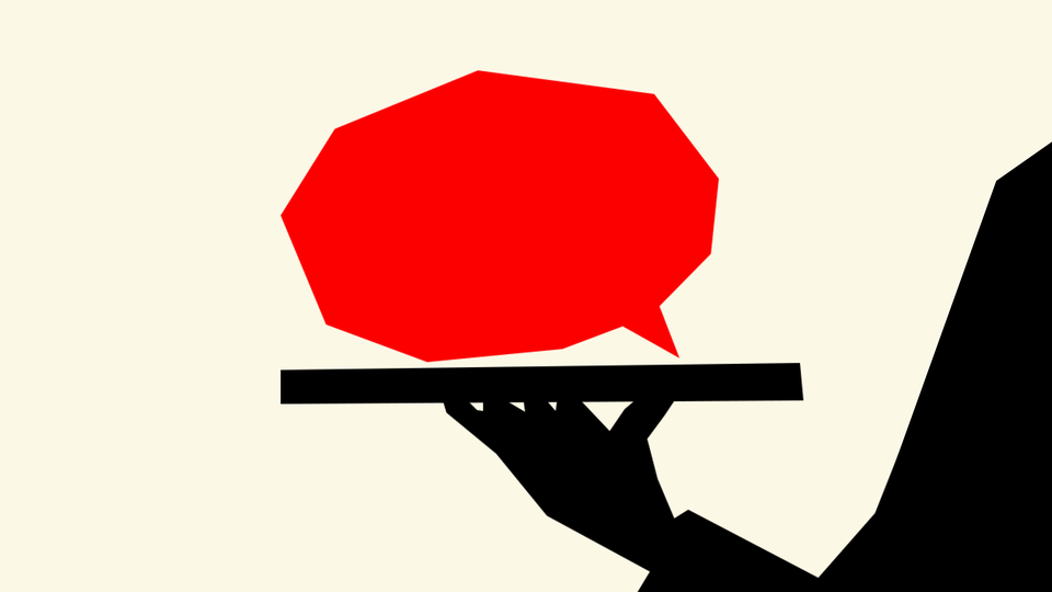 A cutout illustration of a red speech bubble served over a platter; a black silhouette is holding the platter.
