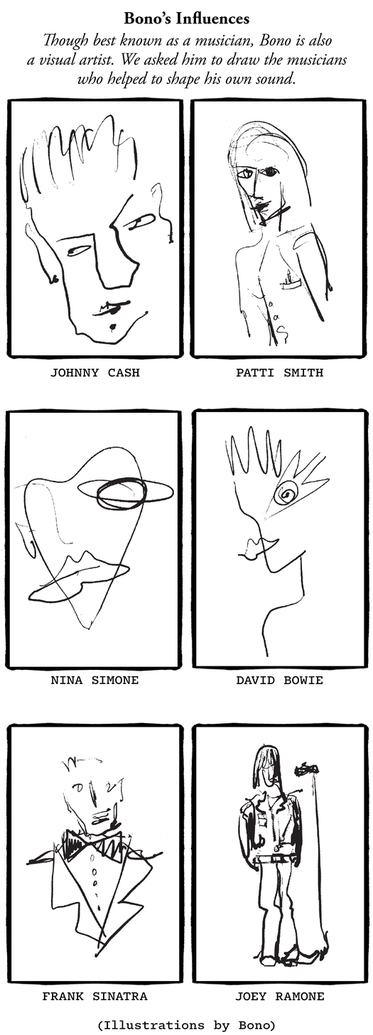 Bono's line drawings of his influences Johnny Cash, Patti Smith, Nina Simone, David Bowie, Frank Sinatra, and Joey Ramone