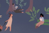 Illustrated people reading under trees and on a bench