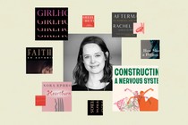 A black-and-white photo of Sophie Gilbert surrounded by images of book covers