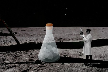 A scientist examining a cartoon beaker on the lunar surface.