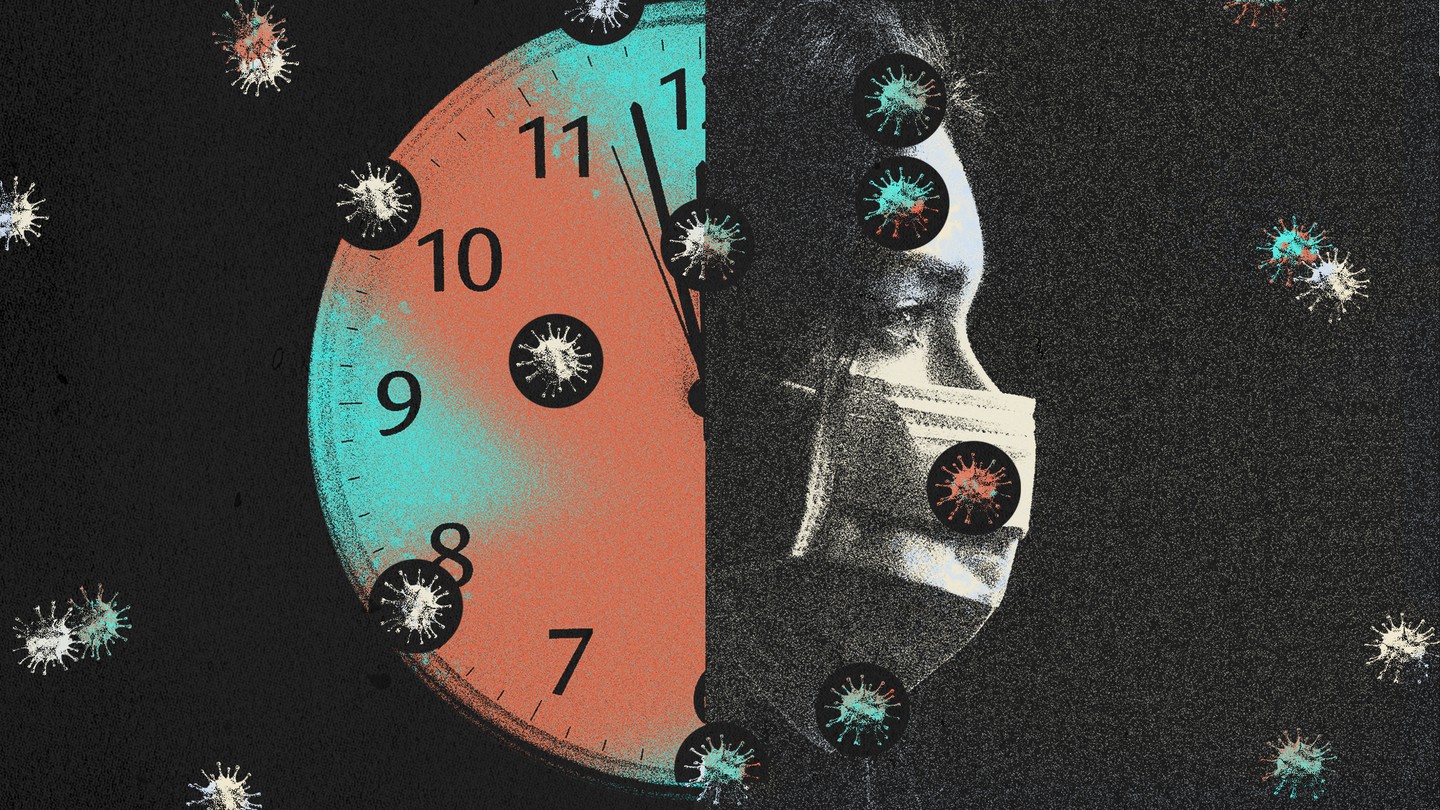 A masked face next to a clock, surrounded by coronaviruses