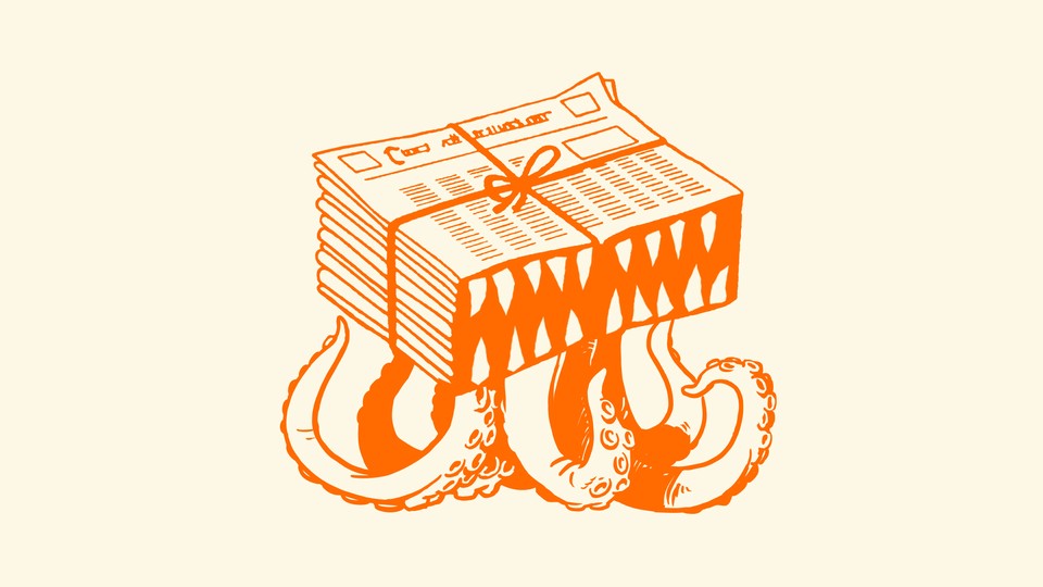 An orange illustration of a newspaper with tentacle legs
