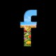 Facebook logo on a black background, but the "f" is like a window looking out across a flowery meadow