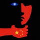 An illustration of a hand with the Chinese flag around the neck of a face represented by a Taiwan flag