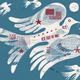 A drawing of a dove with an American flag and anti-ICE messages on it flies with other birds.