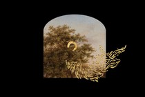 A window cut out of a black background, showing a tree and gold brush marks coming out