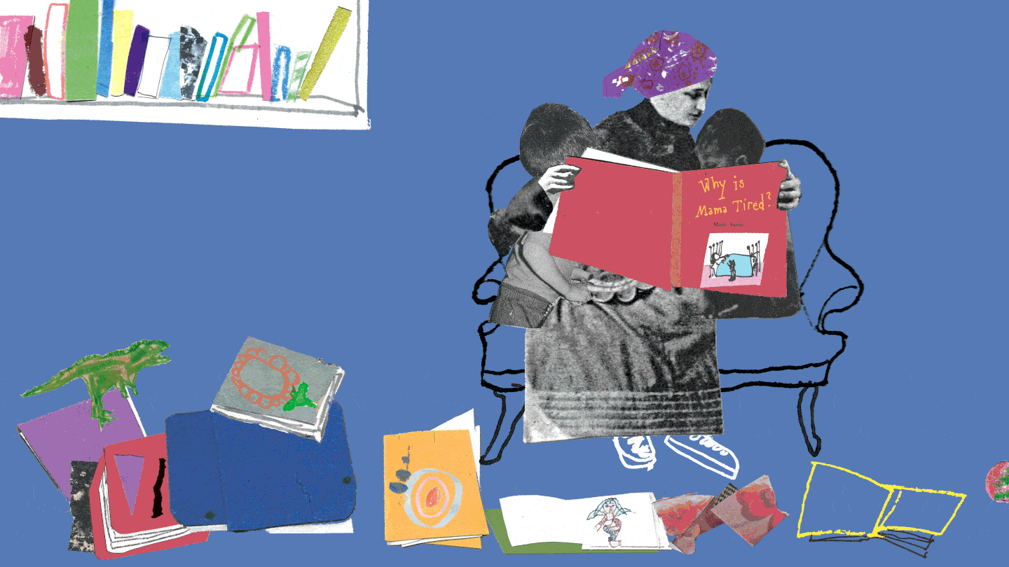 An illustrated picture of a woman reading to children
