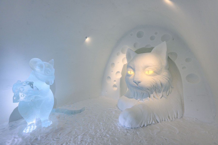 Một tác phẩm điêu khắc về con chuột lớn, làm bằng băng, đứng bên trong một căn phòng được tạc từ tuyết, gần một tác phẩm điêu khắc về con mèo lớn hơn làm từ tuyết.