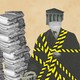 Illustration of court cases piled up and a judge caught in the middle