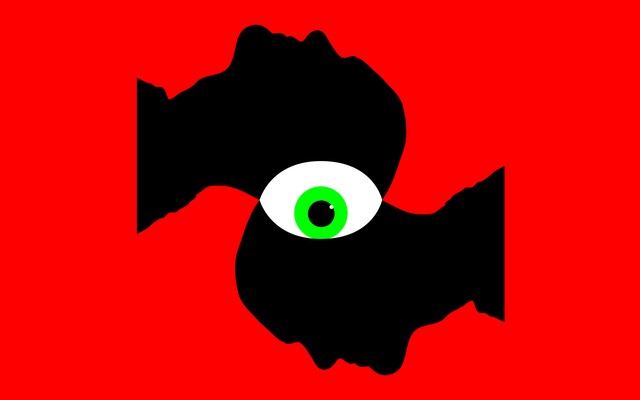An illustration of two head busts with a giant eyeball.