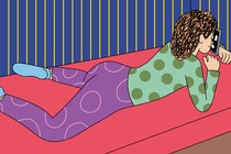 An illustration of a young woman lying on her bed with her face glued to a device screen