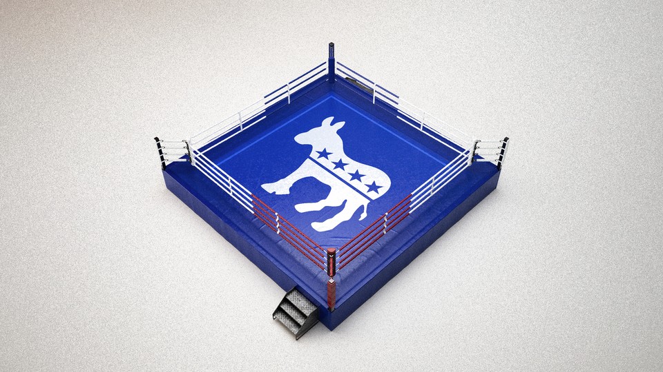 A boxing ring with Democratic branding