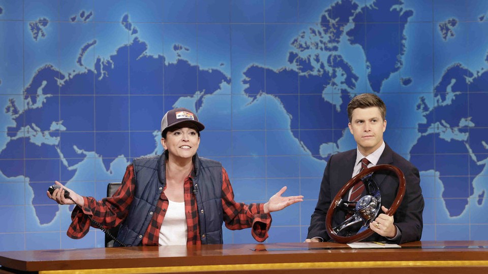 Cecily Strong and Colin Jost star in "Weekend Update" on "SNL."
