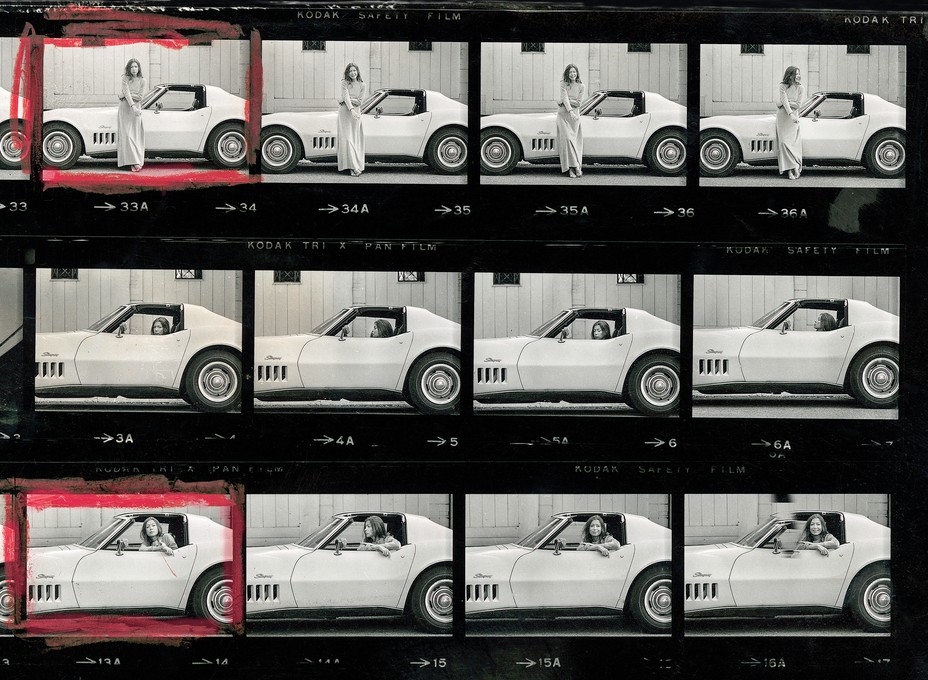 image of a contact sheet of black and white photos of Didion with a Corvette, with two photos outlined in red grease pencil
